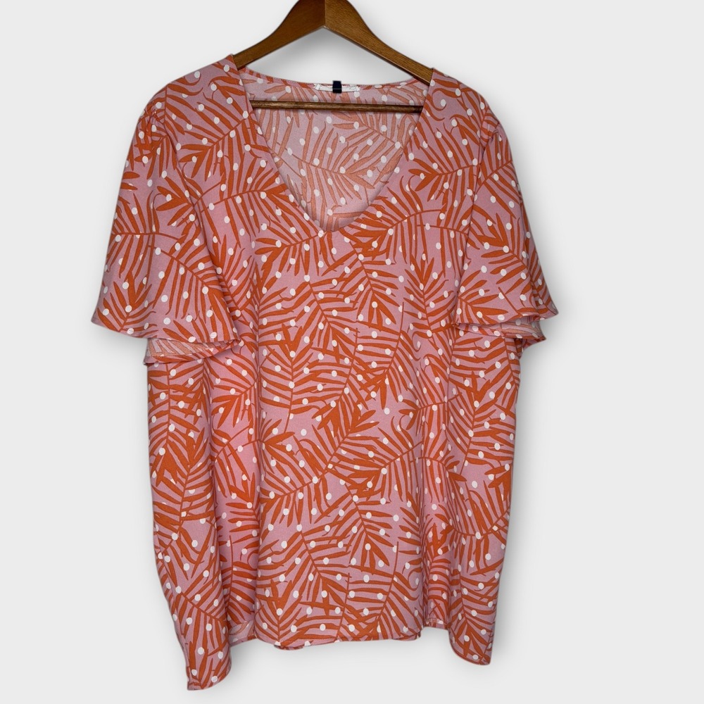 Michelle McDowell Ruffle Flutter Sleeve Shirt Polka Dot Palm Leaves Coral XXL‎